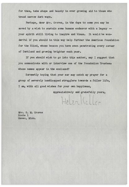 Helen Keller Letter Signed -- ''...destiny has placed me among the co-workers with blind persons determined to hew a path out of the miseries of isolation...''